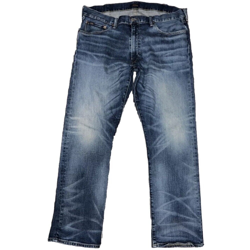 Polo Ralph Lauren Men's Denim Blue Jeans Classic Fit Size 38x32 Leather Tab